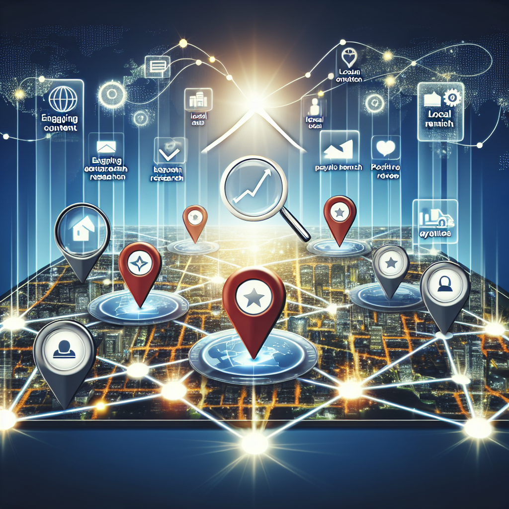 A captivating scene demonstrating local search engine optimization (SEO). Visualize an illustrated metaphor with a digital map surrounded by local pins. Each pin is connected to a magnifying glass that brings into focus different elements of optimization such as engaging content, keyword research, and positive reviews. Also include an upward moving graph line depicting an improvement in ranking. As a background, add a bright cityscape to signify local business. Please maintain a modern and professional aesthetic throughout the image.