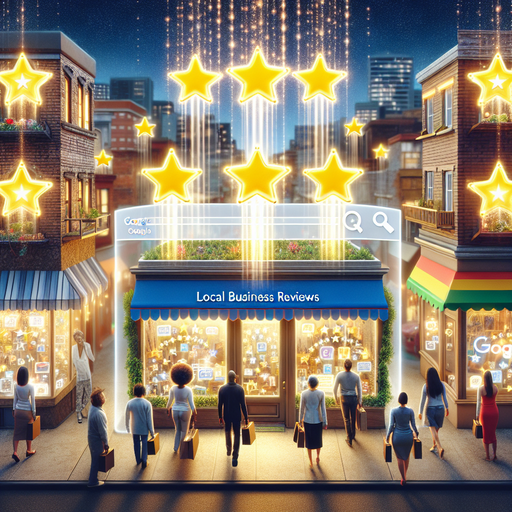Visualise this scene: A lively local business street teeming with diverse small stores each owned by an Asian woman, a Black man, a Middle-Eastern man, a Caucasian man, and a Hispanic woman respectively. Above the store, a transparent internet browser window materializes, on which positive five-star 'Local Business Reviews' glows with golden lights. From each of the glowing reviews, a trace of light emanates that shoots right into a hovering realistic model of Google's SEO emblem, infusing it with energy, thus representing the boosting effect of these reviews on SEO.