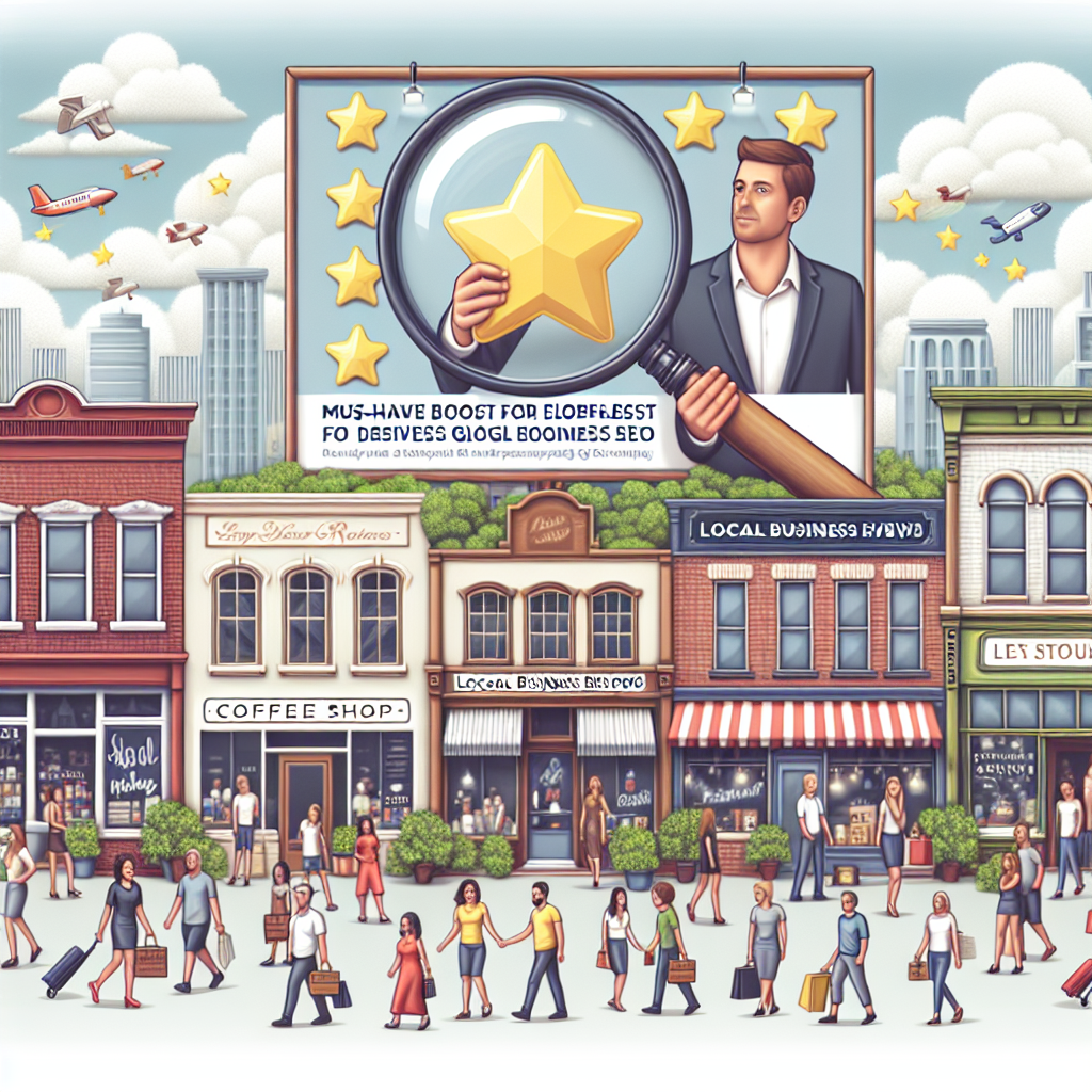 Show a detailed downtown environment filled with various local shops and boutiques, including a bookstore, a coffee shop, and a clothing store. Each is bustling with diverse customers, illustrating a healthy local economy. The background has a billboard with a Caucasian male holding a giant magnifying glass, focusing on a 5-star rating symbol. On the clouds above, the words 'Local Business Reviews' are creatively formed. Under the magnifying glass, 'Must-Have Boost for Effortless Google SEO' can be seen.