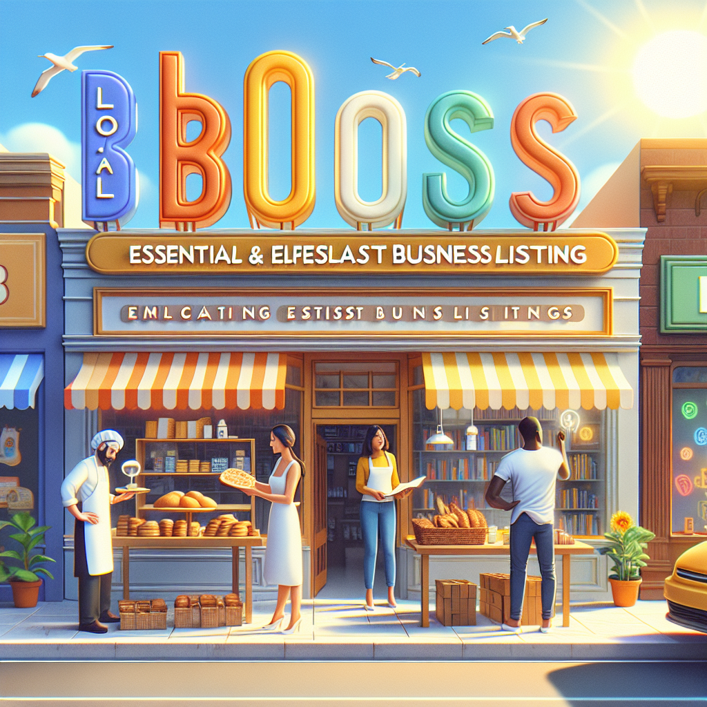 A busy city street with a variety of small businesses including a Hispanic baker preparing fresh bread in the window, a South Asian woman managing a bookshop, and a black man offering repair services in a gadget store. Above them, big, bold, colorful words naturally integrated in the environment, saying 'Local Citations Boost: Essential & Effortless Business Listings'. The sun is shining in a clear, bright blue sky.
