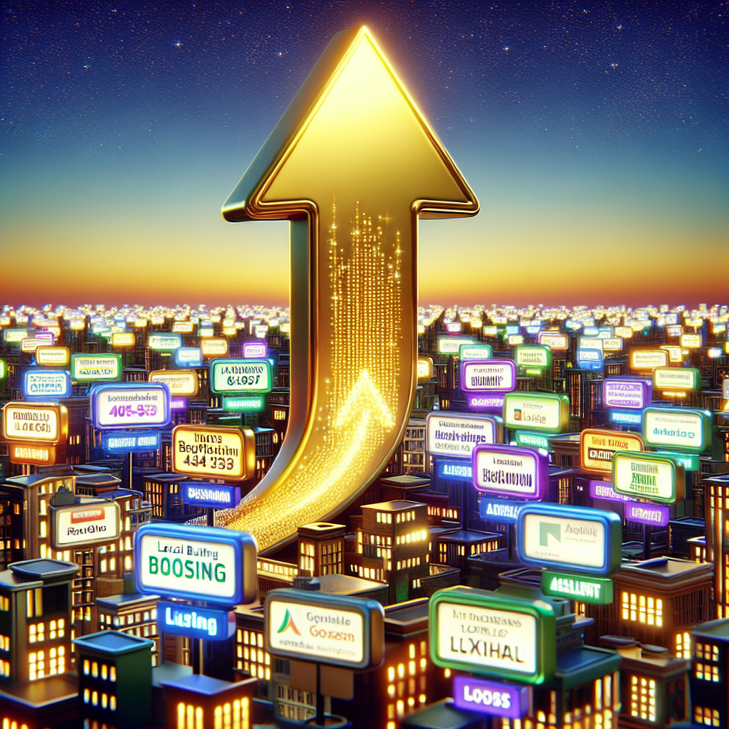 Imagine a vibrant and detailed image that depicts the concept of a 'Local Citations Boost'. A bustling virtual cityscape is made up of various buildings with the marquees being illuminated. Each marquee represents a different business name and its respective listing details, symbolizing different business listings. A large, golden, upward-pointing arrow is soaring through the scene, signifying the boost in search ranking. As the arrow passes by each building, their marquees get brighter, illustrating the enhancement that local citations bring to their visibility online. The sky is a soft gradient of dawn colors, indicating the start of new businesses getting recognized.