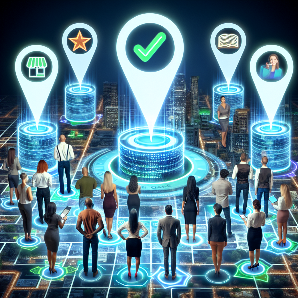 An image that visually represents the concept of local citations boosting business listings. The image should include a diverse set of business owners from various descents including Caucasian, Hispanic, Middle-Eastern, and South Asian each making changes to their digital business listings on a large map displayed on a futuristic holographic display. Their businesses range from a bakery, a tech startup, a bookstore, and a fitness gym. The holographic display should show positive improvements such as higher ratings or more customer reviews, symbolizing the 'boost' from local citations.