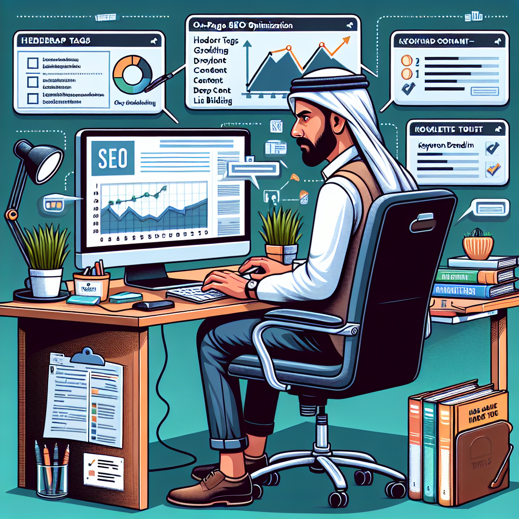 Illustrate a detailed digital workspace where a man of Middle-Eastern descent is intensely focused on his computer screen. He is surrounded by SEO-related tools - graphs showing webpage ranking, highlighted keywords on a webpage, a checklist showing aspects like header tags, relevant content, keyword density, and link building. We can also see a book on 'On-page SEO optimization' and a 'Must-have SEO Tips' poster on his office wall. It's clear that he is engrossed in perfecting the local on-page SEO.