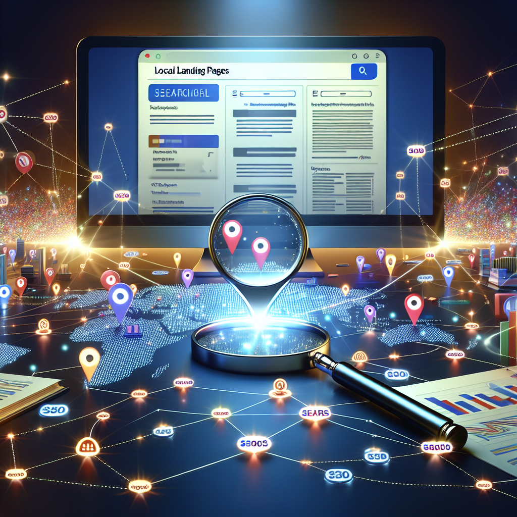 Visualize a digital landscape illustrating the concept of Local Landing Pages SEO. Show a desktop with a bright screen displaying a search engine front page. On the desk, feature a magnifying glass zooming into a 3D map with tiny pin markers indicating local businesses. Nearby, scatter a few SEO strategy documents, including charts and graphs showcasing improved web rankings. Above the scene, have keywords and traffic icons connecting via dashed lines, radiating from the computer to symbolize the flow of online visibility and traffic. Emitting from the entire scenery, a glow reflects the metaphorical triumph of effortless success in SEO.