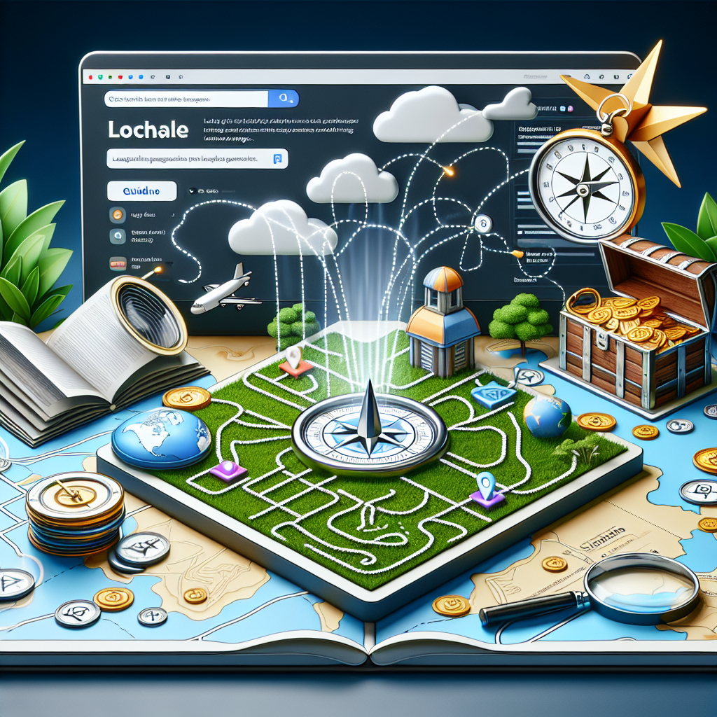 Imagine an intricate visual representation of local landing page SEO strategies paved for success. The scene unfolds a computer screen having a well-structured landing page with crisp headlines, compelling call to actions, and relevant keywords. Nearby lies a compass pointing towards the landing page, symbolizing the local SEO's role in guiding customers. There are different paths, outlined with dashed lines, linking various local landmarks to the landing page, indicating local search optimization. An open treasure chest nearby signifies the reward for using these strategies - increased web traffic and improved rankings. A guideline map and magnifying glass signify the careful analysis and attention to detail required in SEO.
