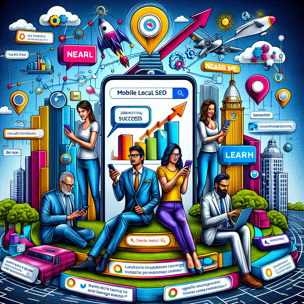 An intricately detailed visual representation of the concept of Mobile Local SEO. This digital illustration should be divided into two parts. The first part portrays a diverse array of enthusiastic entrepreneurs, a middle-eastern man and a South-Asian woman, leveraging unique mobile strategies for their local businesses. They are shown operating user-friendly apps on their smartphones, analyzing local trends, and optimizing their online presence. The second part illustrates the skyrocketing success these businesses achieve as a result. A vibrant 'Near Me' search keyword being typed into a search box is shown, with an upward pointing arrow to denote growth. The backdrop for this image could be a city skyline symbolizing the local setting.