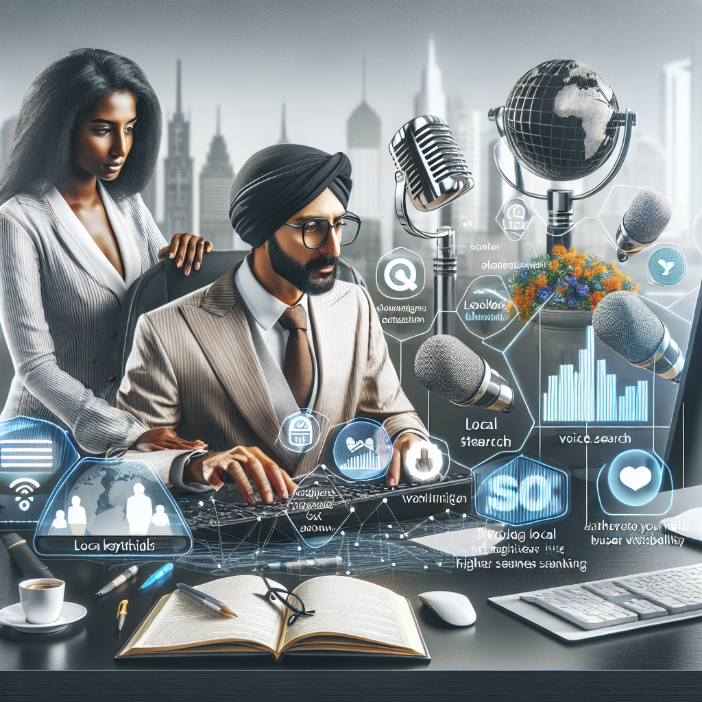 Create an image that illustrates a modern business setting with diverse technology tools in use. In the main focus, please depict a Middle-Eastern man and a Black woman working together on a computer screen, which includes a diagram showcasing the local SEO strategies for voice search. Ensure that the diagram includes elements representing local keywords optimization, higher local search ranking and improved business visibility. Scatter other visual metaphors such as microphones signifying voice search around the workspace. In the background, show a cityscape signifying the 'local' aspect of SEO. All elements should connote effortless success.