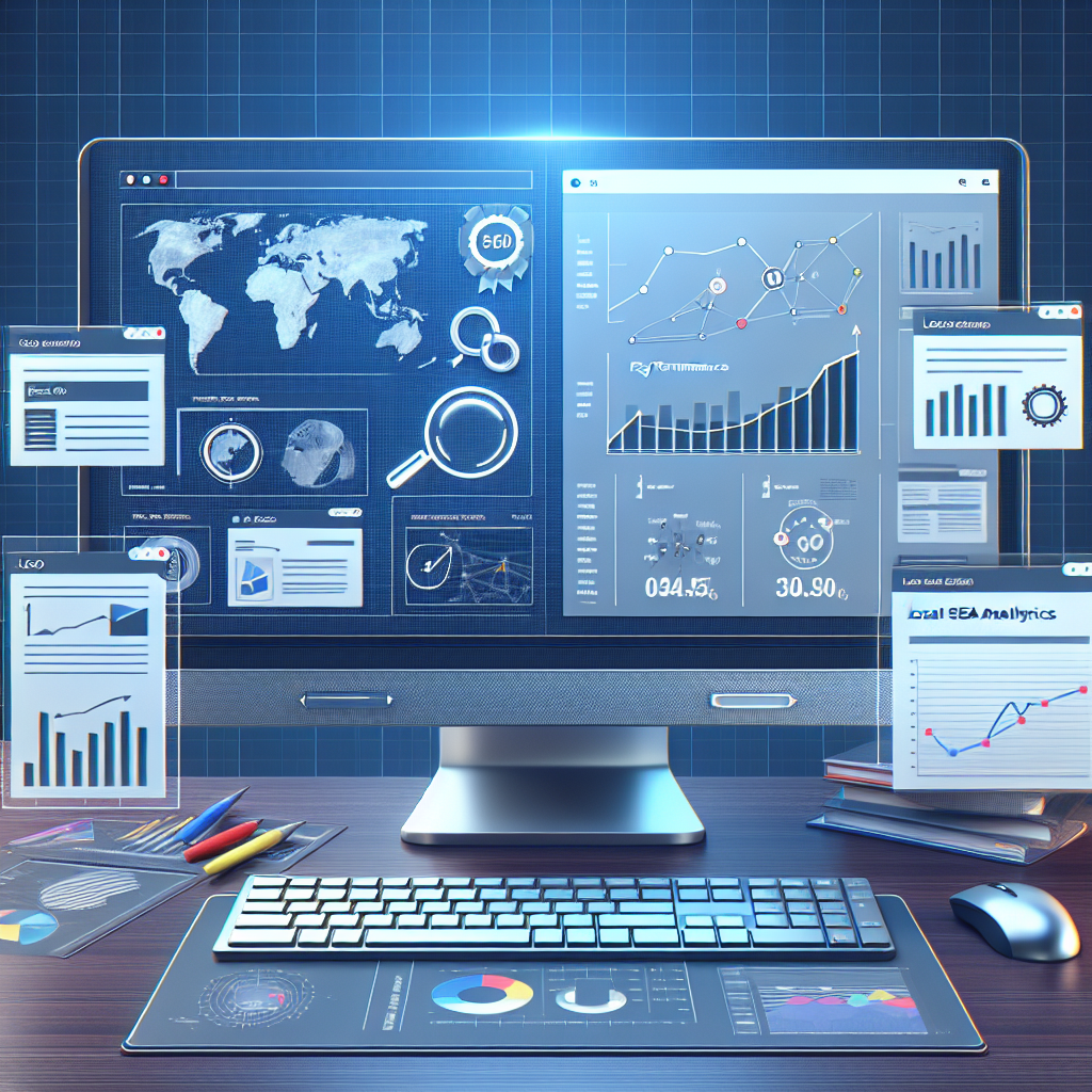 An image representing the concept of local SEO analytics. Display a schematic view of a computer screen with various open tools and applications on its desktop, dedicated to the analysis and monitoring of Key Performance Indicators and rankings. Show charts, graphs, and infographics indicating progress and trends in SEO success. On the computer screen, include a search engine result page to tie in the SEO aspect. Add some geographical markers and a local map to symbolize the local aspect of SEO.