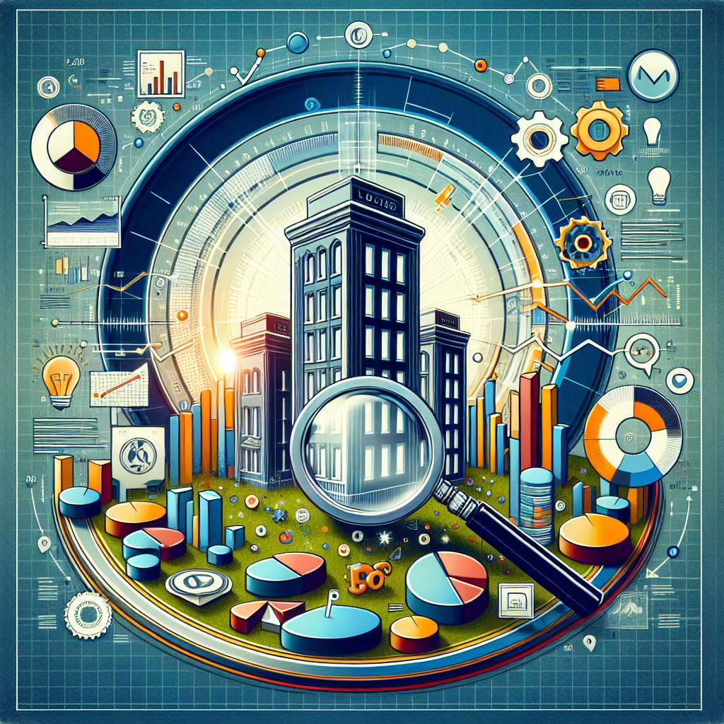An abstract representation of a detailed digital landscape. In this landscape, visualize a physical building insignia standing tall, symbolizing a local business. Beside it, a large digital magnifying glass emblem, investigation for online prominence, passes over a background of vibrant bar graphs, pie charts, and histograms signifying SEO data. Surround these components with symbols of positivity like a checkmark, an upward trend arrow, and a lightbulb, depicting successful business optimization. Include both contemporary and vintage elements to emphasize the blend of modernity and tradition in local businesses. Note: This visualization should not include any specific logos or brand references.