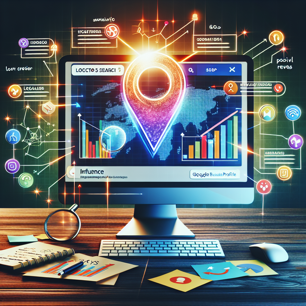 Imagine an abstract representation of Local SEO strategy for a Google Business Profile. A bright computer screen displays an optimized Google Business Profile filled with colorful SEO metrics in the forms of charts and graphs. The screen is placed on a wooden desk, surrounded by several note papers with crucial SEO tips written on them. On the screen, make the location marker stand out with influence arrows pointing towards it, symbolizing the effect of SEO on local businesses. Include other symbolic elements such as a magnifying glass on a search bar, positive reviews, and a camera icon for visual content.