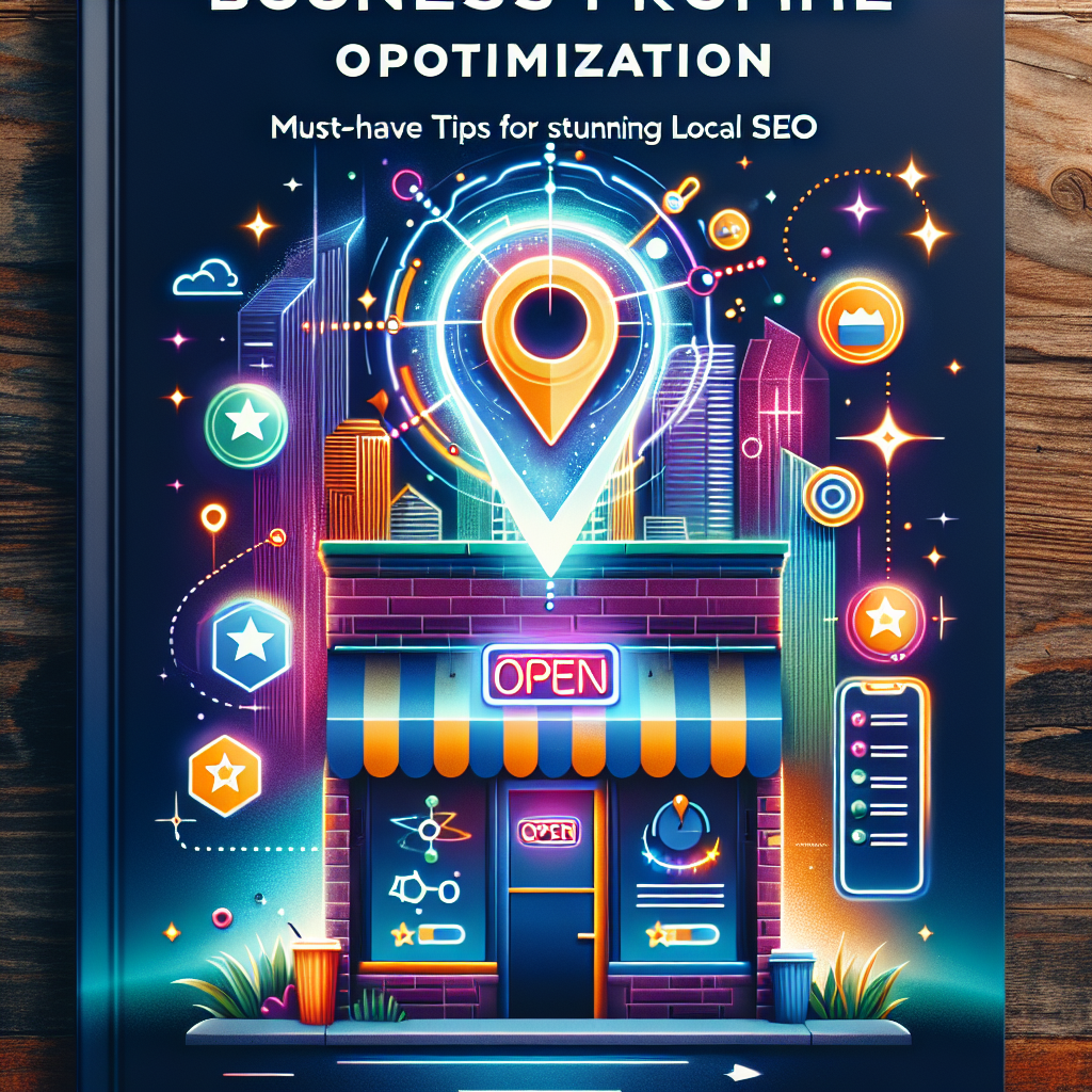 An illustrated digital marketing guide cover showing a physical store in the foreground with a neon 'open' sign hanging above the door. There are key SEO elements floating around it: location pin, search bar, star rating, and customer reviews. Behind these elements, create an impression of a futuristic city skyline representing digital growth. Include the title 'Google Business Profile Optimization' in bold at the top, and 'Must-Have Tips for Stunning Local SEO' at the bottom. The overall style should be vibrant and engaging.