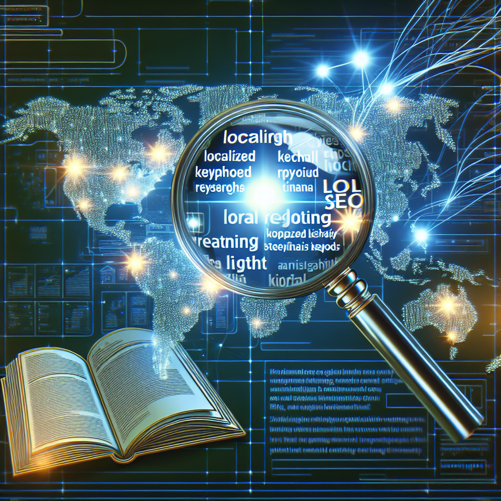 Visualize a detailed image representing the concept of Local Keyword Research for Local SEO. The image should contain elements like a magnifying glass hovering over a physical map, highlighting multiple towns or cities. Abstractly, show localized keywords appearing as bright stars or spots of light under the magnifying glass on this map to symbolize the opportunities these keywords provide. Intersperse some technological elements like flowing digital lines or data points to illustrate SEO strategy. Finally, include an image of classic print media like an open newspaper or a journal article nearby, symbolizing the article for which this image is being used.