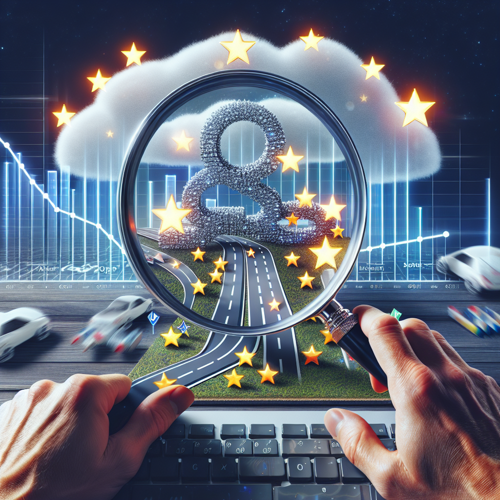 Imagine an engaging visual representation of the concept of local business reviews boosting Google SEO. Envision a magnifying glass over a map, revealing clusters of shiny stars symbolizing local reviews; with the highway roads on the map turning into a bar graph showcasing incrementing SEO ranks. Nearby, a pair of virtual hands are held up in typing position on a computer keyboard marked with SEO and review-related terms. In the backdrop, Google's recognizable 'G' logo partially hidden behind a cloud, works as a metaphor of 'Google cloud', hence symbolizing Google's vast internet presence.