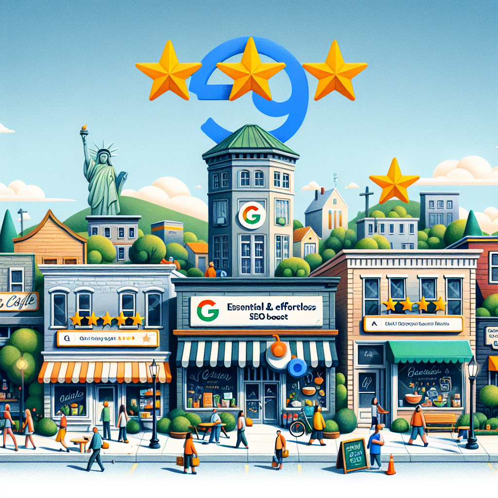 Create an illustrative visual that exhibits a small-scale cityscape brimming with local businesses from various industries such as cafes, bookstores, and organic grocery markets. Highlight each storefront with brightly colored signs, highlighting excellent ratings in the form of five golden stars, indicating stellar reviews. In the background, have the Google logo subtly integrated into the urban landscape, perhaps as a statue in a park or shape of a building indicating its prominence in today's digital world. In the sky, include a bold, banner-like phrase saying 'Essential & Effortless SEO Boost'. The scene should be bustling with animated diverse people frequenting these businesses, symbolizing a thriving local economy.