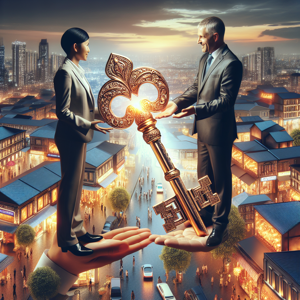An image both metaphorical and representative of local business success through the power of stunning local citations. Depict a close-up of a glimmering golden key, finely crafted with intricate engravings. This key is being passed between two professionally dressed individuals. One person, a South Asian female entrepreneur with an air of confidence, receives the key from the other individual, a Caucasian male business advisor enthusiastically offering it. In the background, capture a vibrant cityscape in the twilight, with bustling storefronts and brightly lit local businesses, each with local citations carefully engraved on their facades.