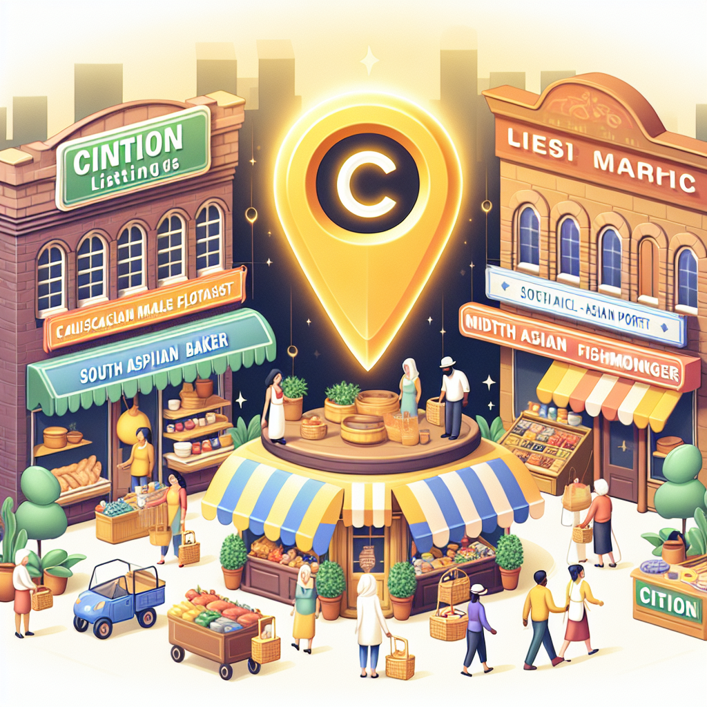 An illustrative scene showcasing a local bustling marketplace with various small businesses. Each store has a distinctive sign featuring their essential business details. In the heart of the scene, place a massive citation symbol, shining like gold, hovering over the marketplace. It's indicating the importance and influential power of local listings for commercial success. There could be a diverse group of people of different gender and descent: Caucasian female florist, Hispanic male baker, South Asian female potter, Black male fishmonger, and Middle-Eastern female textile store owner, all managing their shops and interacting with customers.