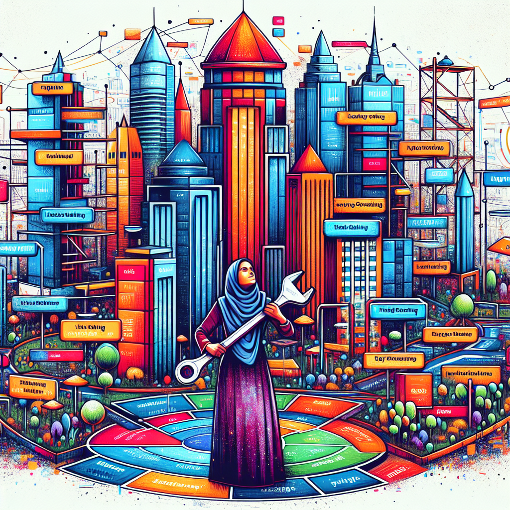 A detailed illustration of various local on-page SEO strategies. Capture a bustling cityscape as the background to signify local SEO, with intricately interwoven on-page elements as buildings. These elements could include metadata tags shaped like skyscrapers, keyword density as parks, and URL structures as city streets. In the middle of the city, depict a figure, a Middle-Eastern woman, exerting minimal effort to optimize these elements. She could be adjusting structures with a large wrench, painting meta tags or planting keywords. The aesthetic should be semi-abstract, with rich colors and dynamic shapes.