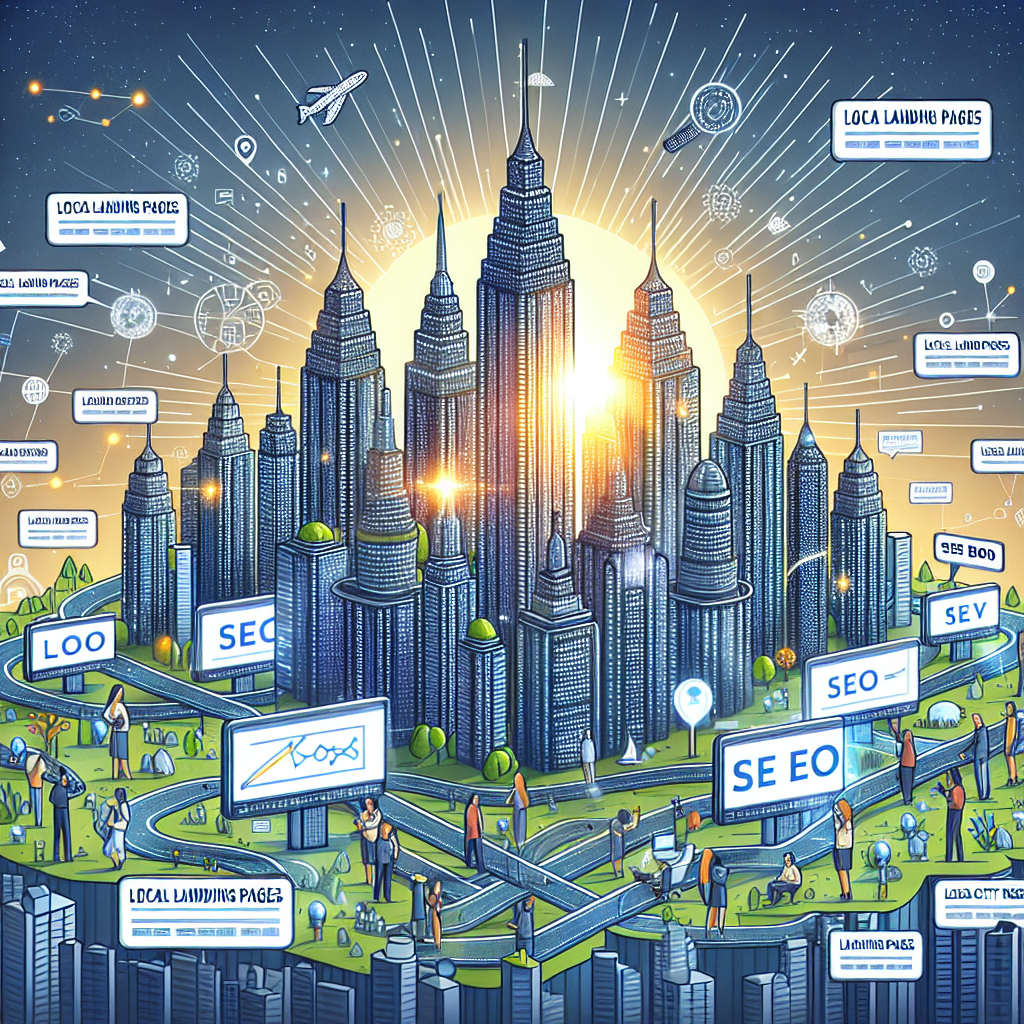 Visualize a very detailed and insightful infographic that depicts the concept of Local Landing Pages SEO. The image should include a large metropolis skyline with buildings made of keywords related to local SEO. The buildings are connected by roads and pathways, representing links and connectivity. Include a rising sun in the backdrop with its rays falling on the city, symbolizing the positive impact of effective SEO strategies. Display small digital billboards placed sporadically across the cityscape flashing the text 'Effortless City SEO Boost'. To highlight the diversity, depict various people of different genders and descents engaging with mobile devices showcasing the landing pages.