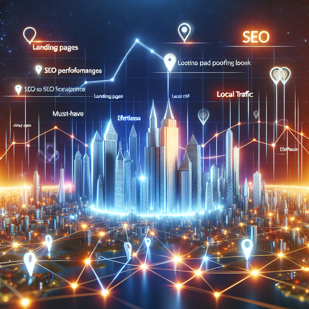 Illustration of a symbolic city with brightly lit skyscrapers and a network of digital lines and nodes representing web traffic. Overlaying the image, there's an SEO performance graph showing a positive trend, and highlighted keywords related to landing pages, city SEO, and local traffic. Crisp 3D tags are floating around highlighting phrases like 'Must-Have', 'Effortless', and 'City SEO Boost'. Convey the hustle of the connected digital world alongside the calm efficiency of SEO strategies.