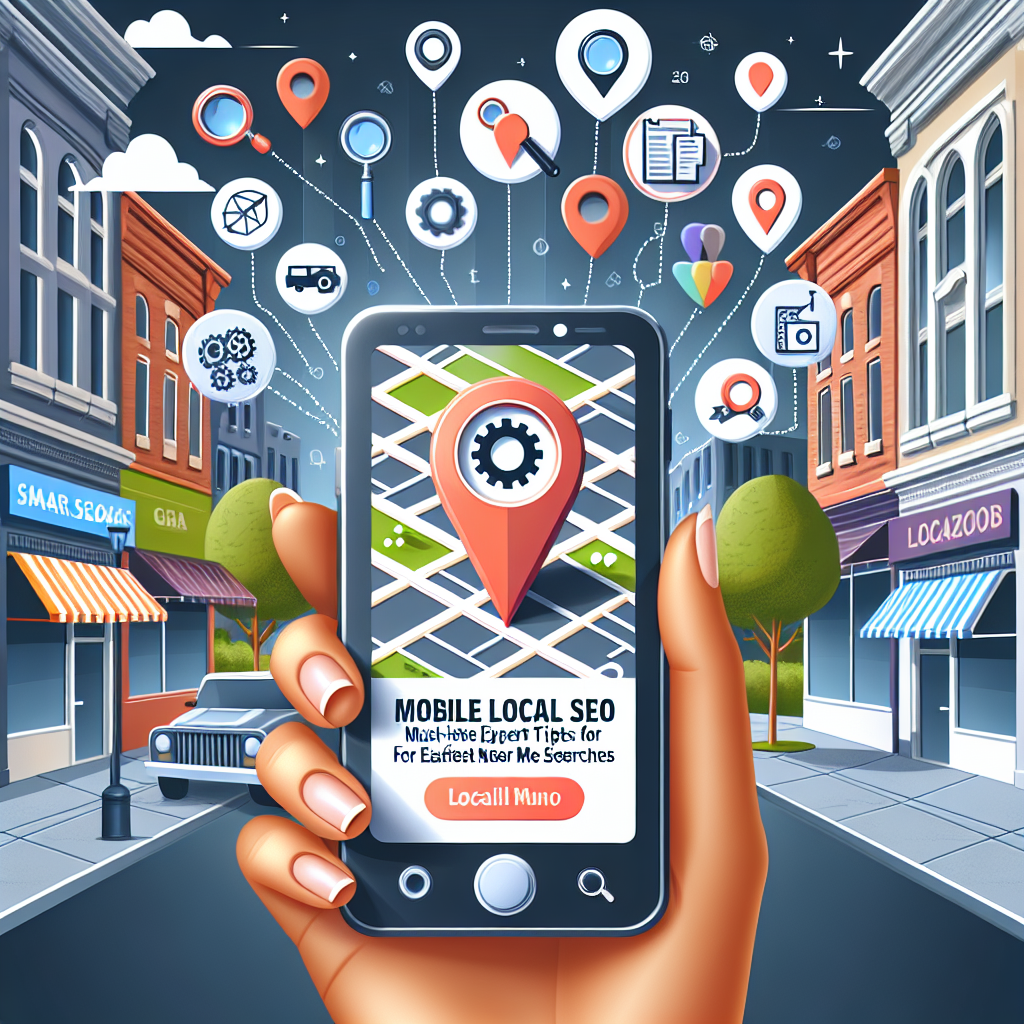 Illustrate an image of a mobile device held in a Hispanic woman's hand showing a map and location pins on the screen. Above the phone, represent the concept of local Search Engine Optimization (SEO) with different icons of SEO elements such as gears, magnifying glass, web pages, and keywords popping out of the device. At the bottom, display the text 'Mobile Local SEO: Must-Have Expert Tips for Effortless Near Me Searches'. The setting should be an urban environment with diverse small businesses visible in the background.