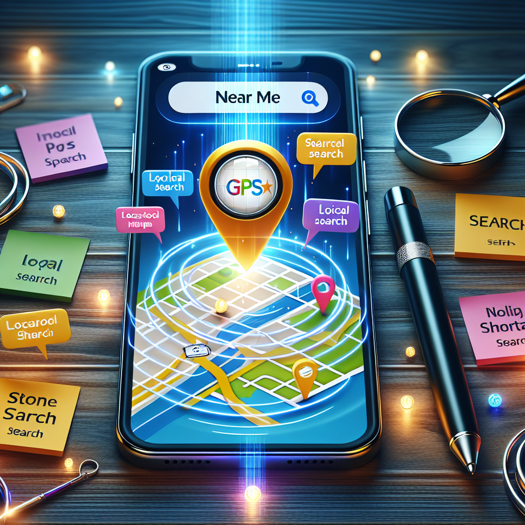 Showcase an animated view of a brightly illuminated smartphone screen displaying a map and location-oriented keywords like 'Near Me', while it's surrounded by ripple effects symbolizing the GPS signals. On the screen, highlight local search results popping up for various categories such as restaurants, shopping centers, and gas stations. Nearby, place a magnifying glass symbolizing the 'search' functionality. Add a list of bullet points containing SEO tips presented as colorful sticky notes at the corner of the image. Set this scene on a modern wooden desk with a stylus pen lying around.