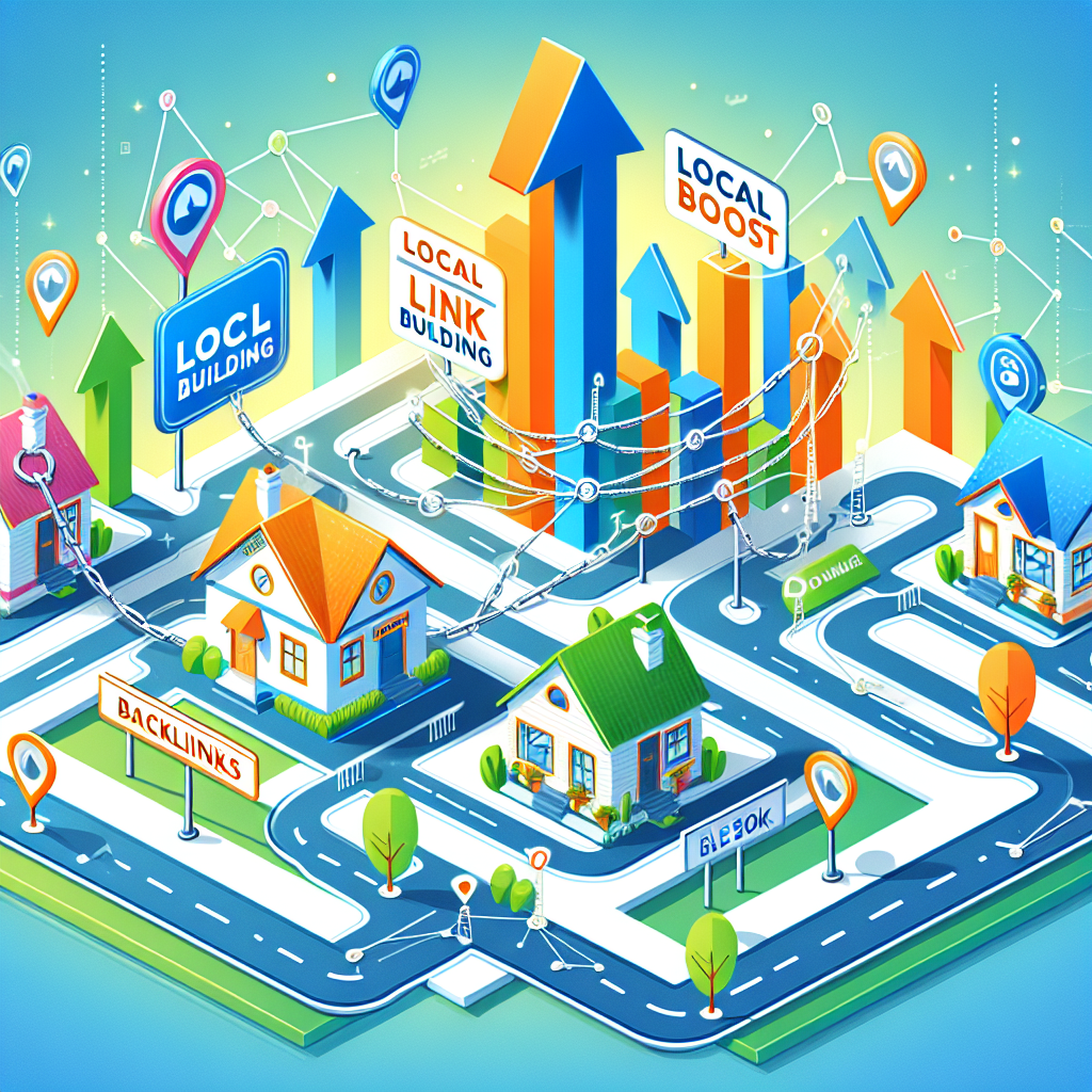Visualize a concept of local link building strategies for SEO. Portray the idea of connected chains or webs, showing houses (representing local businesses) interconnected by chains or lines. Above these houses, there should be an illustration of an upward pointing arrow, representing the SEO boost. Additionally, show some backlinks in the form of road signs pointing towards the houses. The overall mood of the image should be optimistic, indicating growth and development. The color scheme can incorporate bright hues with a diverse range of colors. Please include pertinent text, such as 'Local Link Building' and 'SEO Boost for Local Backlinks'.