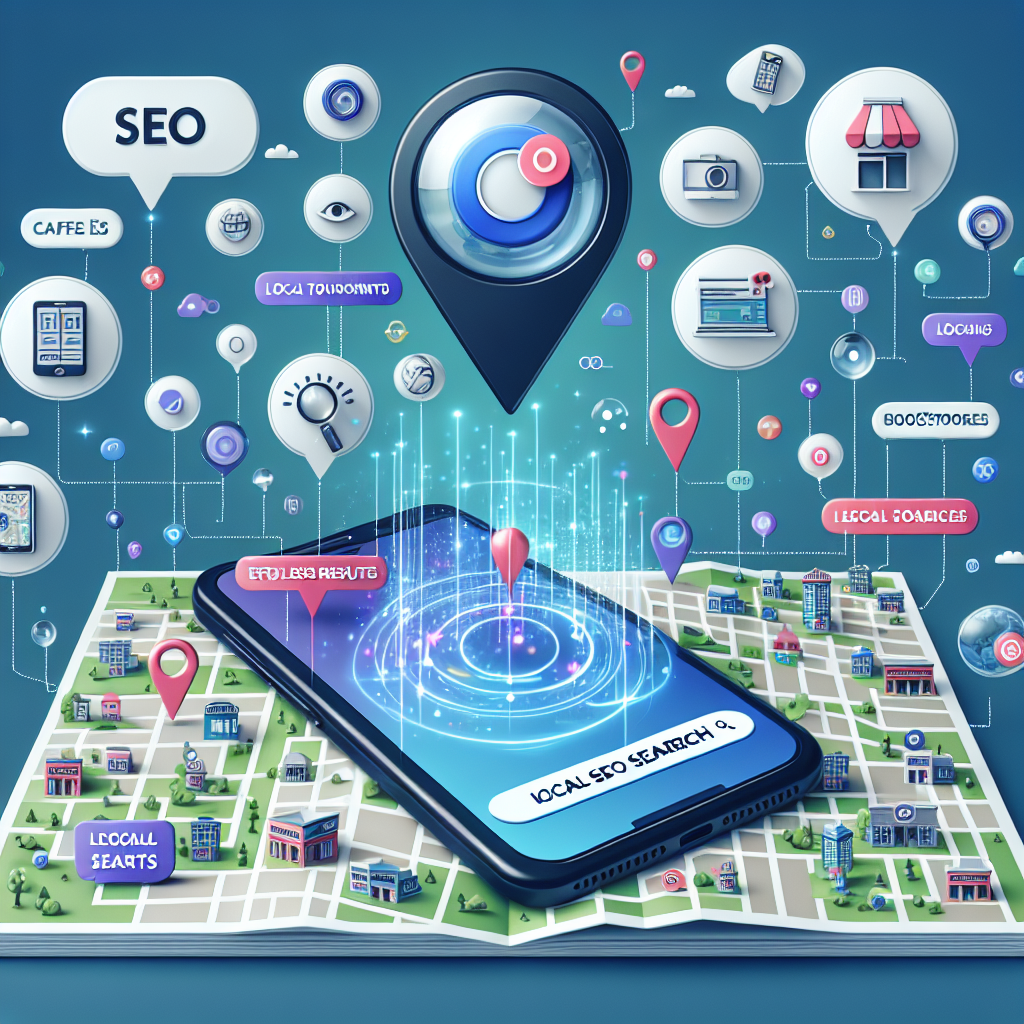 Create a detailed image depicting a local map covered with digital touchpoints and SEO symbols, signifying local SEO optimization for voice search. The map should be filled with various types of local businesses, such as cafes, bookstores, and gyms. Nearby, a modern smartphone shows a voice search icon on its screen, indicating an active search. Above the phone, an airborne bubble manifests the phrase 'Effortless Results,' styled attractively. Nearby, a separate bubble illustrates must-have tips in the form of catchy icons. The color scheme should be vibrant, suggesting success and growth.