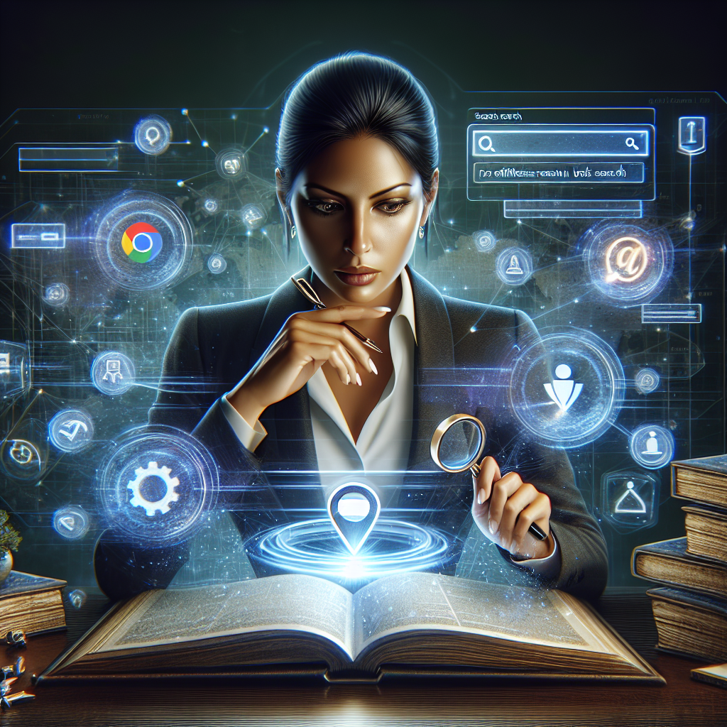 A detailed digital painting of a businesswoman, of Hispanic descent, attentively studying a glowing digital screen floating in the air in front of her. The screen displays a search bar with a microphone icon indicative of voice search, and a 3D map with local SEO markers. Around her, there are virtual holographic images representing SEO elements like keywords, backlinks, and online reviews. There is an array of books and papers, symbolizing all the tips and strategies for achieving effortless results in voice search local SEO, scattered on her desk. The overall atmosphere reflects hard work, dedication, and the sophistication of modern technology.
