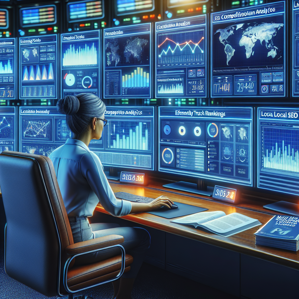 Imagine a detailed, high-tech control room with multiple screens displaying a variety of graphs and metrics key to SEO performance. The focus is on a middle-aged Hispanic woman diligently analyzing the data. She's working on a recent report titled 'Local SEO Analytics' on her computer. Various SEO tools such as keyword trackers, competitor analysis graphs, and ranking charts are visible on the screens. There's also a guidebook nearby titled 'Must-Have Tools to Effortlessly Track Rankings'. The room has a futuristic atmosphere with subtle blue lighting illuminating the room.
