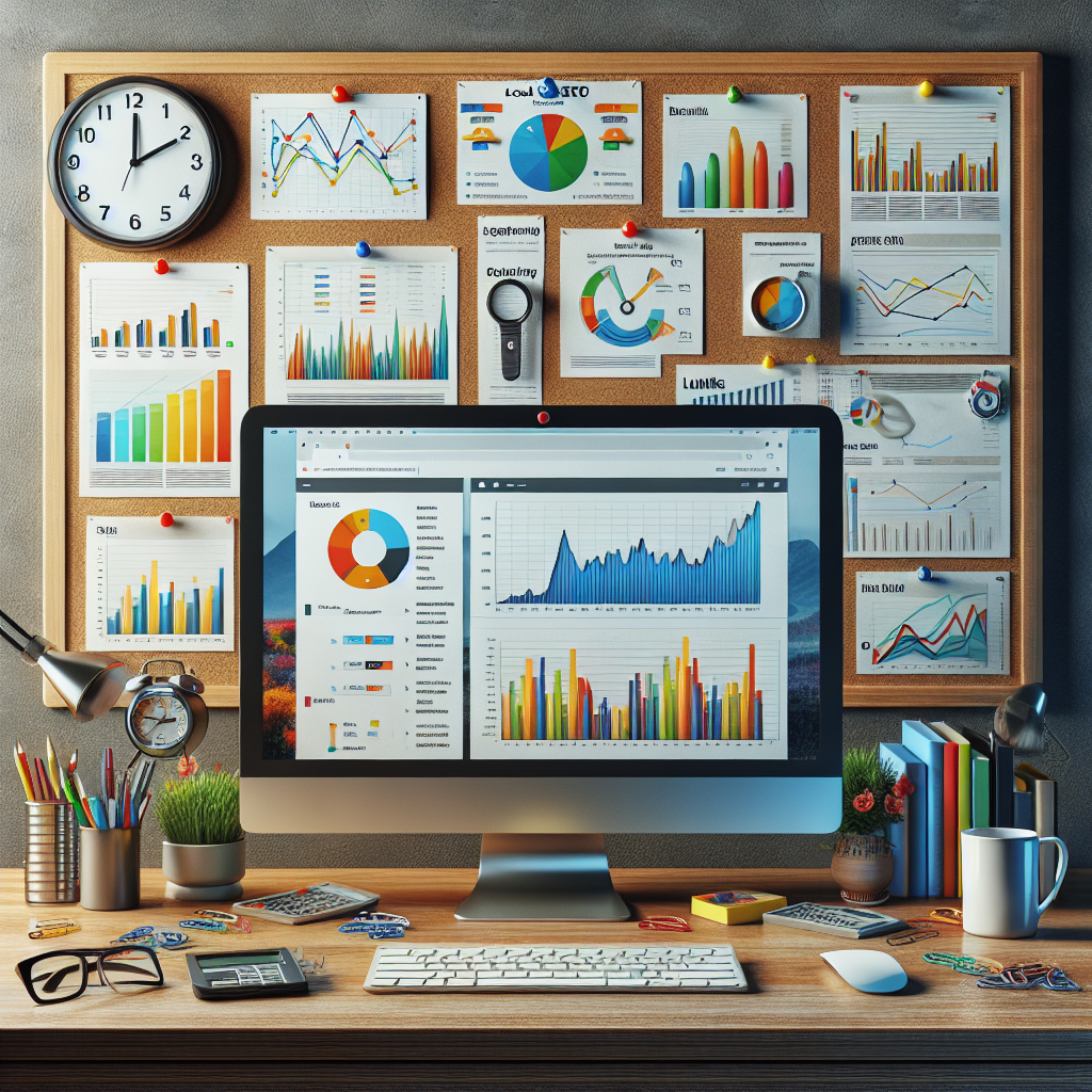 A detailed visual interpretation of an online workspace depicting local SEO analytics. In the foreground, show a desktop computer with an open window showcasing a diverse range of brightly colored charts, histograms, and line graphs indicating SEO metrics. Include different digital tools around the desktop such as a keyword rank tracker, backlink analyzer, and site audit tool. Behind the desktop, display a corkboard with printed graphs pinned up, reminding the user to track rankings. Also portray a clock indicating the incessant nature of SEO work. A coffee mug on the side for the long hours spent meticulously observing patterns. The entire scene should exude meticulous attention and organization.