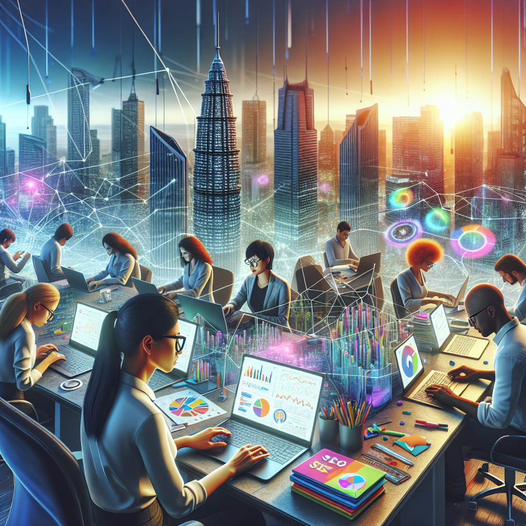 Imagine an early morning scene in a bustling city. Skyscrapers loom, blocking the sun, as a team of diverse, tech-savvy individuals set out on their daily tasks. Among them, a South Asian woman wearing glasses sits at a sleek desk, her hands dancing over the keys of her laptop. Beside her, a stack of colorful books titled 'SEO Secrets' is neatly piled. A Black man nearby is curiously studying a large map of the city, marking particular areas with fluorescent markers. A complex web of statistical data and graphs projected onto a large screen behind them illustrates their diligent work on city-specific SEO.