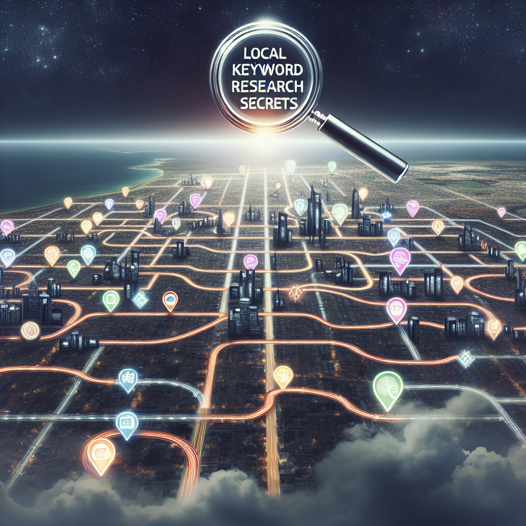 Visualize an intricate cityscape viewed from above, with a network of roads forming the words 'Local Keyword Research Secrets'. There's a magnifying glass hovering over this layout, signifying a deep search. Sprinkle the cityscape with small, multicolored icons representing various business sectors like commerce, technology, healthcare, and more. The sky above morphs into a graphic representation of a search engine optimization (SEO) results page, with ascending bars and a top position marked with a shiny star. Balance the scene with subtle touches of vintage-style maps and geographical elements, suggesting extensive geographical reach.