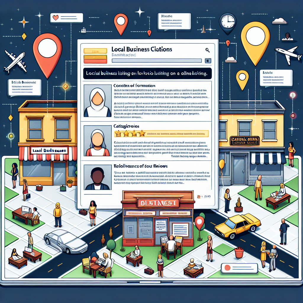 A detailed image illustrating the concept of local business citations. Include information on a digital screen showcasing a local business listing on a popular online directory. Display a map behind the screen pinpointing the business's location and surrounding points of interest. Highlight key points for creating effective listings, such as consistency of information, relevance of categories, and the importance of reviews. Also, include a variety of businesses like a restaurant, a clothing store, and a bookstore, with the proprietors working hard on the data entry. The clothing store owner should be a middle-eastern woman, the bookstore owner an Hispanic man, and the restaurant owner a black woman.