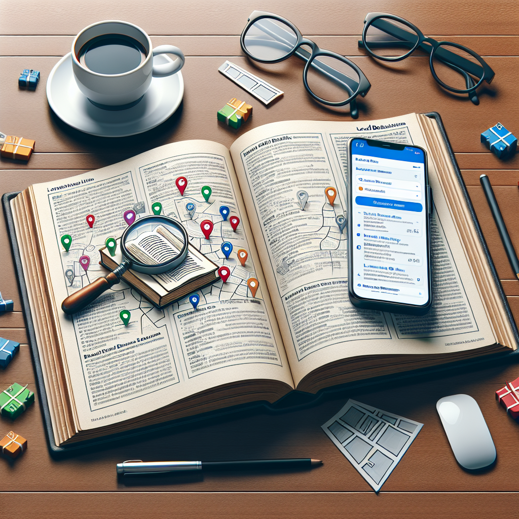 Visualize an open book lying on a wooden desk. The book should have detailed pages containing information about local business listings, citations, and a step-by-step guide. Next to the book, there's a smartphone displaying a local business citation on its screen. Also include a cup of coffee and glasses resting on the desk. Use this scenery to imply and symbolize the comfort and simplicity of managing business listings from home or anywhere else.
