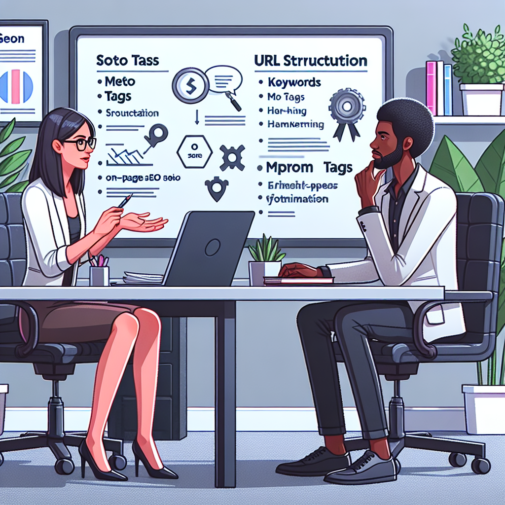 Depict a professional setting with two individuals engaged in a conversation about SEO strategies. The first person is a Caucasian woman explaining concepts using a large screen showing terms like 'Keywords', 'Meta Tags', and 'URL Structure'. The second person, a Black man, is thoughtfully taking notes on a laptop. In the background, there are desk plants, books on SEO and digital marketing as well as a whiteboard with on-page SEO must-have strategies listed. On the wall, there's a big sign saying 'Effortless Optimization'.
