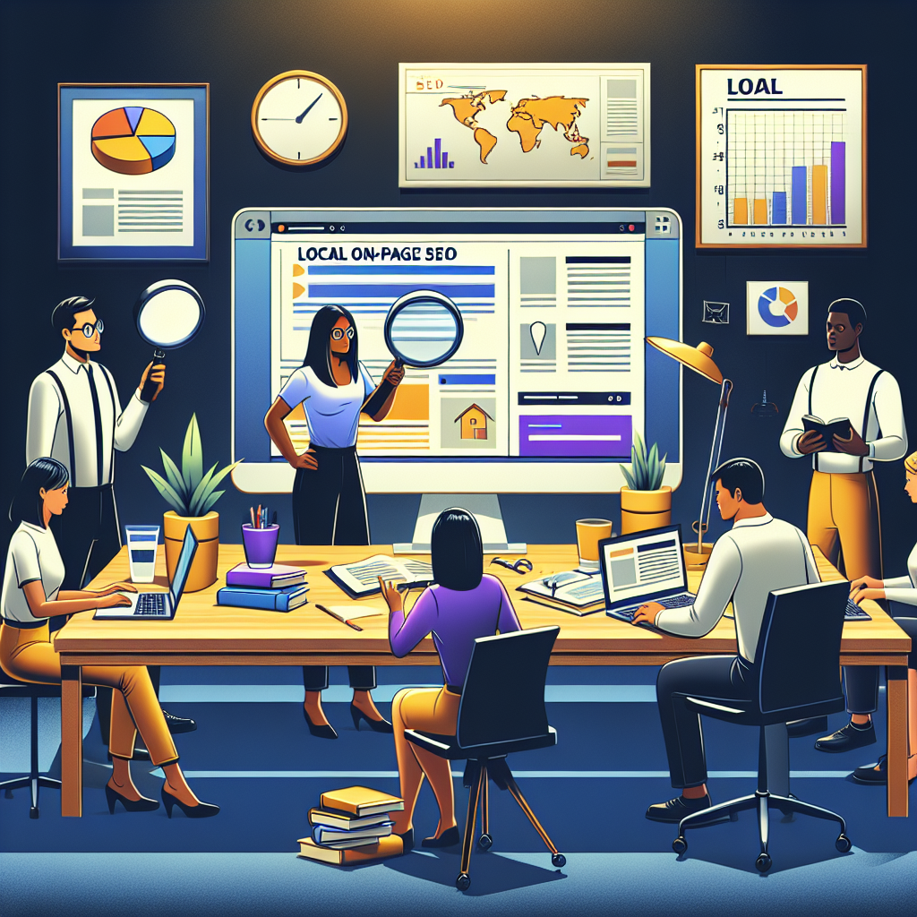 A concept-oriented illustration denoting local on-page SEO strategies for effortless optimization. Devise a realistic office scene where a diverse team of individuals are collaboratively working on a project. The table has a large screen showcasing a webpage with highlighted keywords, meta-tags, alt-tags visible. Also, depict an Asian female holding a magnifying glass inspecting the webpage, and a Black male optimising the site on his laptop. Books on SEO, local maps insinuating local SEO, charts representing analytic data should also be included. The atmosphere should radiate positivity and professionalism.