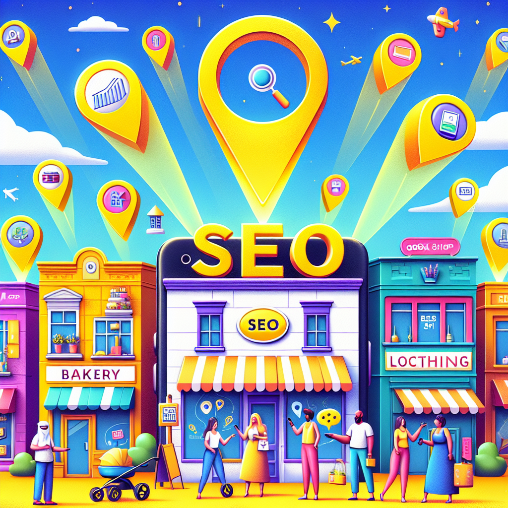 A vibrant, eye-catching illustration representing mobile local SEO as a life-saver for small businesses. The scene could consist of a thriving town, rich with diverse small businesses represented by unique storefronts, with each business identifiable by its own symbol: a bakery, book shop, clothing store, and spa. Above the town, a giant mobile phone floats in the clear blue sky, while yellow beams in the shape of GPS location icons radiate from the phone to the businesses below. Letters 'SEO' form a protective umbrella over the town, symbolizing its essential role. Include an array of different people - middle-eastern female store owner, Caucasian male customer browsing through his phone, and a black female with her child pointing to the stores, all under the SEO umbrella.