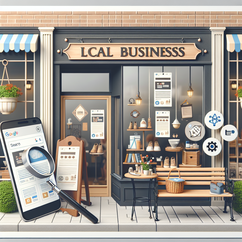 Display an image showcasing a small local business storefront with a sign indicating its hours of operation. At the side, a wrought-iron bench invites passersby to relax. From the windows, handmade products can be seen. On a nearby table, there's a smartphone opened to a web page showing the business's location, along with links to online reviews and ratings. There are also visual elements suggesting search engine optimization, such as magnifying glasses on the search results, or a symbolic rendering of an algorithm, ideally a cogwheel or a set of gear intertwines. The background is a quaint small town, bustling with people of different genders and descents, reflecting a diverse local community.