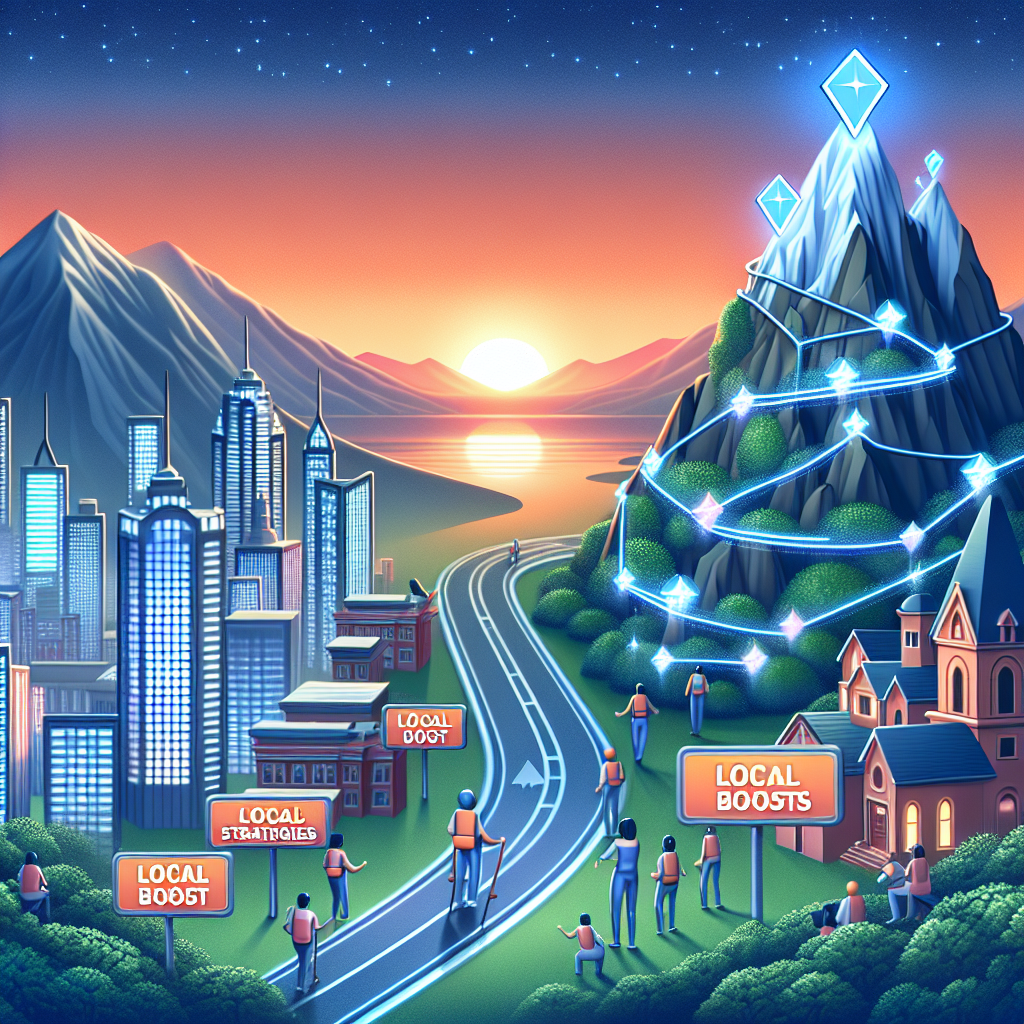 A digital landscape scene illustrating the concept of SEO optimization through local backlinks. To the left, show a thriving cityscape composed of websites, each represented by buildings with unique architectural styles. A winding road, symbolizing website interconnectivity, connects all buildings. Alongside the route, denote small, effortless workers of varying descents and genders carrying signs that read 'Backlinks'. On the right, show a growing mountain with the peak covered in glittering gems, signifying the SEO boost. The mountain has a sign, reading 'Local Boost'. A sunset in the background signifies the 'Stunning Strategies' part of the concept.