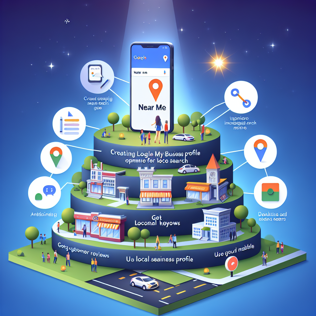 A hierarchal diagram illustrating the steps for optimizing local SEO for voice search. At the base of the diagram is the foundation: A picture of a smartphone displaying a voice-activated search command which says 'Near Me'. The subsequent stages include stunning images representing tips such as creating a Google My Business profile, getting customer reviews, using local keywords, and optimizing for mobile. The goal at the top is represented by a bright spot: A thriving business surrounded by happy customers. Add symbol representation for local searches throughout the design, such as a map pinpoint and search bar.