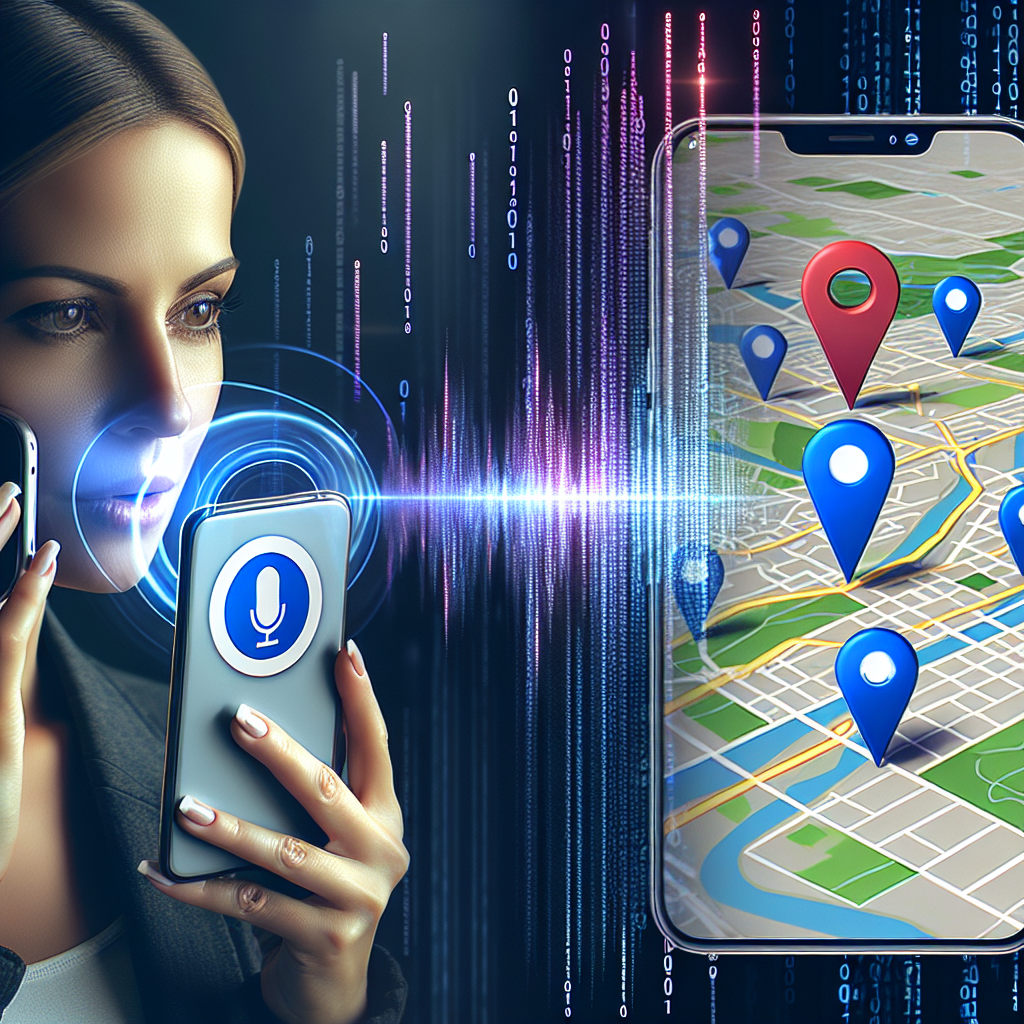 An image illustrating Local SEO through voice search. On the left, a close-up of a Caucasian woman speaking into her mobile phone displaying a voice search symbol. On the right, a computer screen shows a city map marked with several pointers indicating businesses. The pointers are linked to keywords related to various trades. In the background are vertically falling, binary code streams representing online data. Between both items, a series of sound waves travel depicting the transmission of the voice command to the localized search results on the map.