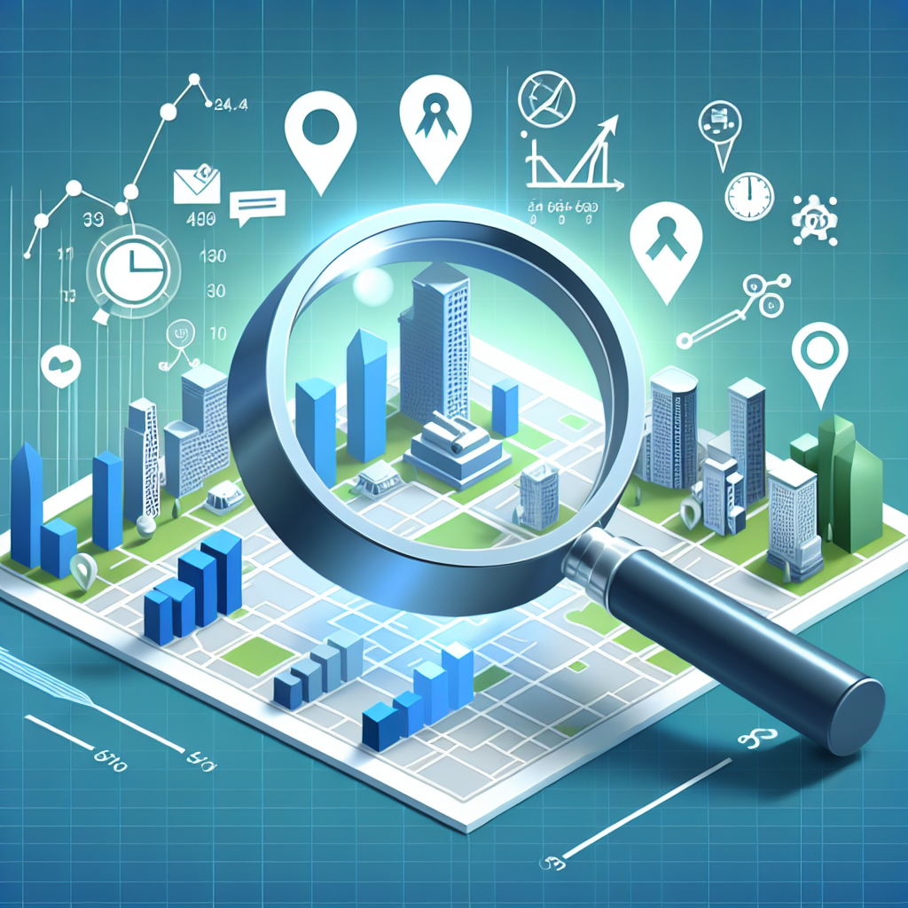 Illustrate a conceptual image highlighting the importance of local SEO analytics. The image should portray a magnifying glass scanning over a digitally represented local area — perhaps a map or 3D cityscape — with element symbols or icons designating various types of businesses. Scatter across the image the symbols of search engines, ranking bars indicating progress, some numerical statistics and a bar chart or two showing growth. Color scheme should use colors like green, blue and white to signify progress and analysis. No specific individuals or characters are needed in this scene.
