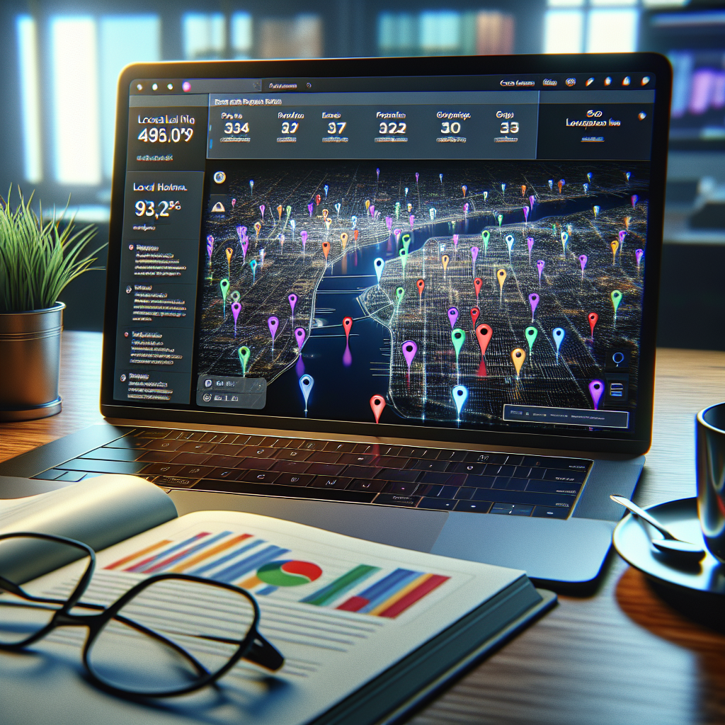 A close-up of a computer screen displaying a digital interactive map dotted with multi-colored pins, showing locations in a city. There's an open website in another browser tab, reflecting graph data analysis pertaining to local SEO metrics. On the table, there are printed pages, detailing SEO optimization strategies. A cup of coffee and a pair of reading glasses rest next to the laptop. Create within a high-tech, modern office environment, emphasizing the importance of frequent monitoring and strategic analysis in SEO.