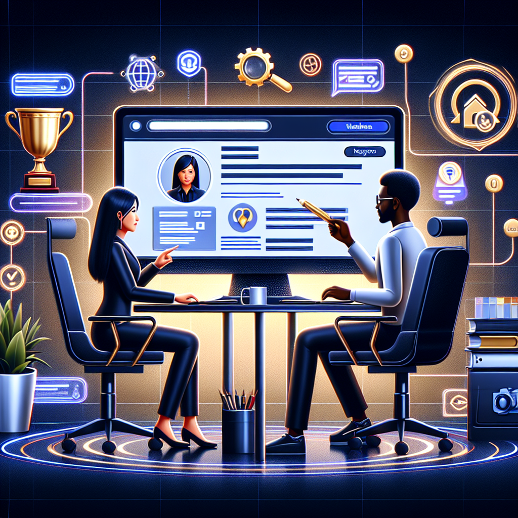 Depict a digital learning setting where two individuals of different descents are optimizing a business profile on a search engine. The first is an East Asian woman sitting at a sleek, modern workspace filled with tech gadgets, a large monitor displaying the business profile page. The second person is a Black man, who is joining through a video call on the computer monitor, pointing out areas to optimize on the screen. Technical SEO icons such as webpage, keyword, and mobile-responsive symbol float around them. Showcase a golden trophy symbolizing success in the corner.