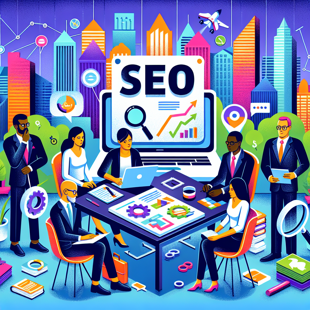Construct an informative scene representing SEO practices for small businesses. At the center, place a desk with a laptop screen brightly reflecting the word 'SEO'. Nearby sit a diverse group of business specialists - a South Asian man, a Caucasian woman, and a black man. They are thoughtfully observing the screen and making notes. Place a vibrant cityscape in the background, a symbol of the 'local' focus. Invite objects symbolizing keywords, such as a magnifying glass, pile of words, and a network of interconnected terms. Conclude with charts depicting growth, signifying the impact of effective SEO.