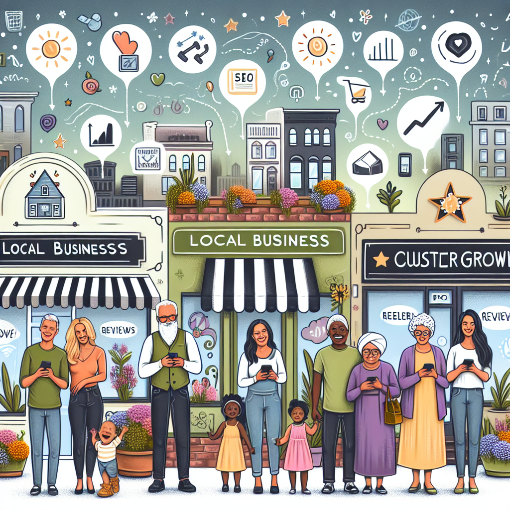 An interactive and thematic representation of a local neighborhood bustling with a variety of small businesses such as a bakery, a florist, and a bookstore. A diverse group of people - Caucasian man, Hispanic woman, Black child, Middle-Eastern elderly, South Asian teenager, are patronising these businesses and leaving a review on their mobile devices. Highlight radiant, gentle symbols of growth such as sprouting plants or a rising graph in the background. An overriding tone of digital engagement and community support is central. Keyword highlights like 'Local Business', 'Reviews', 'SEO' and 'Customer Growth' appear as playful, bold doodles in the air.