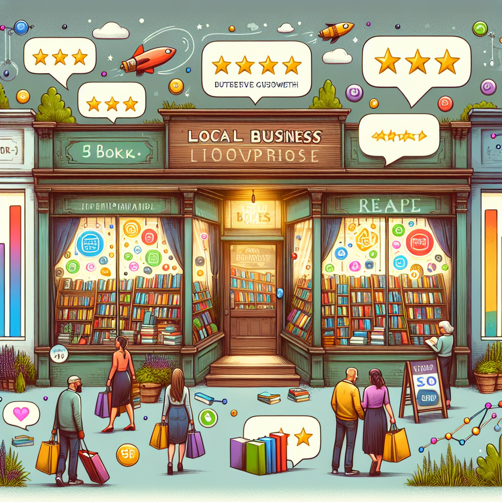 Visualize a bustling local business, such as a small, independent bookstore. An organic and colorful facade with handwritten window signs beckoning stroll-in customers. An assortment of books displayed beautifully in the storefront, a few people of diverse descents and genders browsing through the shelves or immersed in intriguing titles. Incorporated are some digital elements: glowing reviews popping up in bright, 3D speech bubbles around the business, 5-star ratings hovering above, and bar graphs dynamically illustrating SEO growth. In the background, delighted customers returning home carrying bags full of books, symbolizing effortless customer growth.