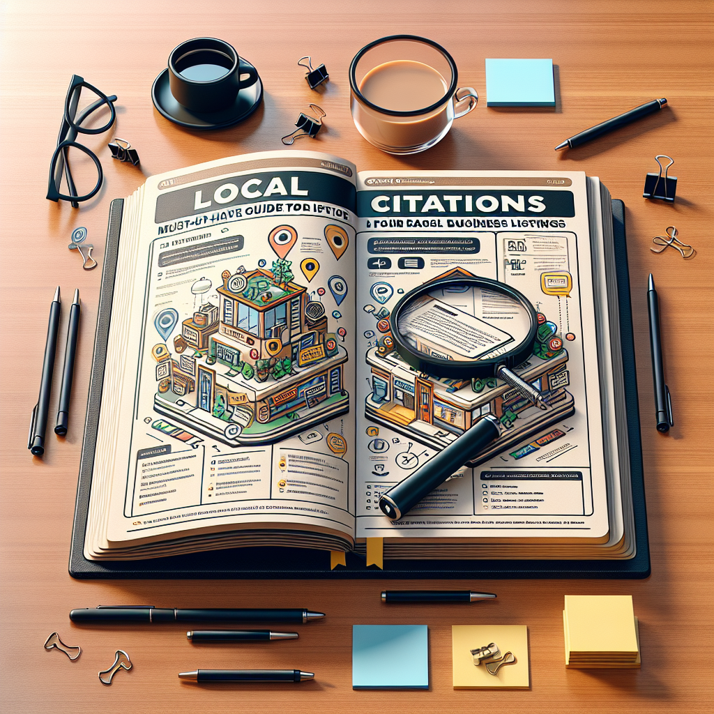 Visualize an organized, compact booklet titled 'Local Citations: Must-Have Guide to Effortless Business Listings.' The booklet is open to reveal comprehensive diagrams and step-by-step illustrations that detail the process of listing a business. Above, there is a magnifying glass focusing on the partially visible textual content concerning the importance of local citations. The surrounding table is neat, adorned with a cup of coffee and a couple of pens. Woodgrain texture to represent the desk, and surrounding it are a pair of glasses, some sticky notes, and a digital device displaying an online business listing site.