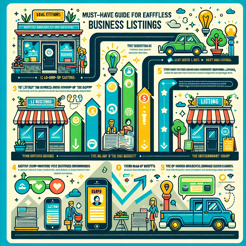 An informative and vivid infographic showing the concept of local citations for business listings. There are multiple steps visualized like a flowchart, beginning with a small mom-and-pop shop of indeterminate descent doing their business diligently. Then follows the act of listing the business on various platforms, shown as stylized app icons. These are followed by the reap of benefits, shown as upward graph and happy customer reviews. The title 'Must-Have Guide to Effortless Business Listings' is prominently displayed at the top. The color scheme is professional, using subdued hues of blue, green, and gray.
