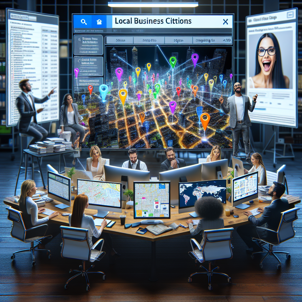 Imagine a well-organized studio with multiple monitors, each displaying different aspects related to local business citations. On one screen, there's a comprehensive guide showing detailed steps on how to effortlessly get business listings. Another monitor flaunts a bustling city's map, interlinked with various points of interest, symbolizing local businesses. In the foreground, there's a diverse group of professionals: a Caucasian woman enthusiastically making notes, a Middle-Eastern man analysing the data, and a South-Asian woman coordinating with her team over video conference. All this set against the backdrop of a modern, sleek office environment.